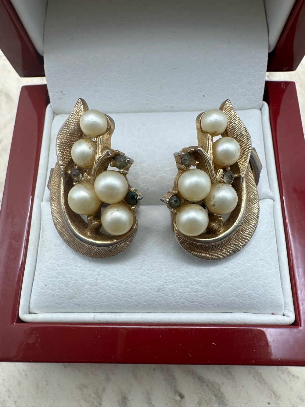 Crown Trifari Alfred Philippe Earrings Lily Spray Gold Plated Clip On Pearl Vtg